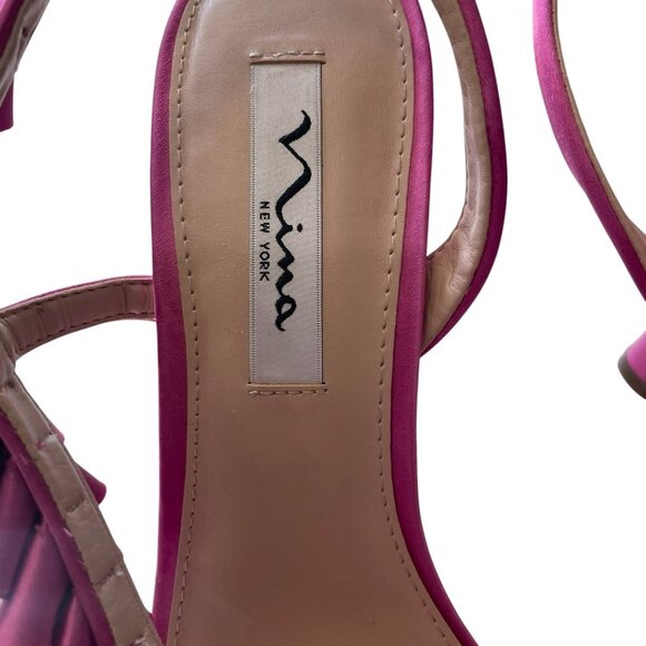 Nina Pink Satin Ruffle Heels Size 8M Y2K Strappy Slingback Party Wedding Shoes - Picture 4 of 11